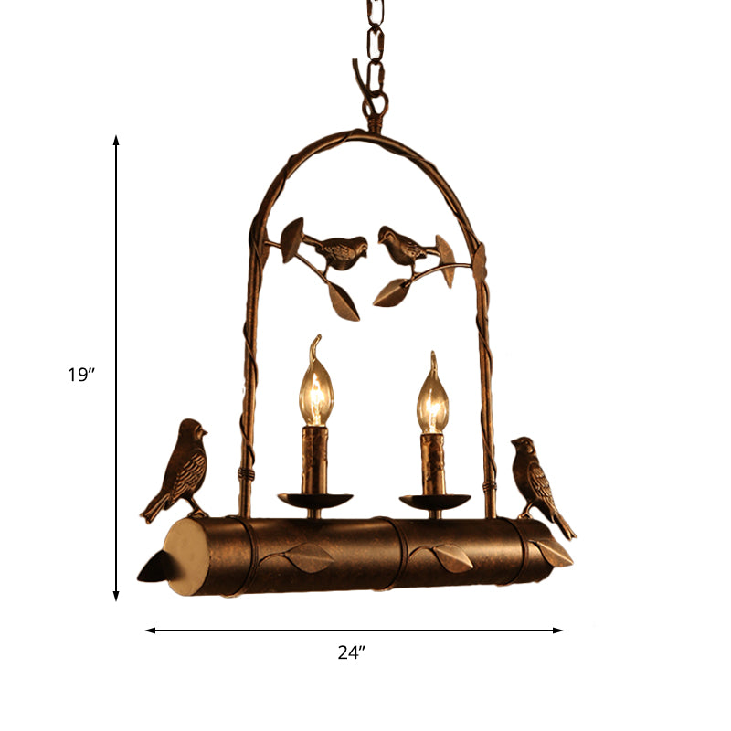 Lodge Birdcage Design Chandelier Lamp with Flameless Candle 2 Lights Wrought Iron Pendant Lighting in Dark Rust Clearhalo 'Cast Iron' 'Ceiling Lights' 'Chandeliers' 'Industrial Chandeliers' 'Industrial' 'Metal' 'Middle Century Chandeliers' 'Rustic Chandeliers' 'Tiffany' Lighting' 165507