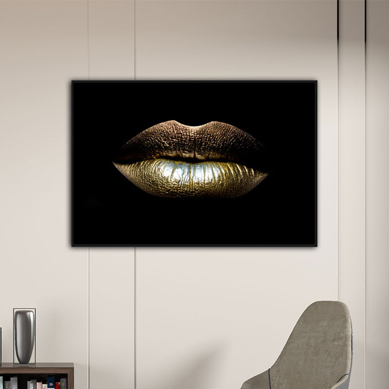 Modern Woman Lip Wall Art Print Gold-Black Textured Surface Canvas for Dining Room Clearhalo 'Art Gallery' 'Canvas Art' 'Contemporary Art Gallery' 'Modern' Arts' 1655079