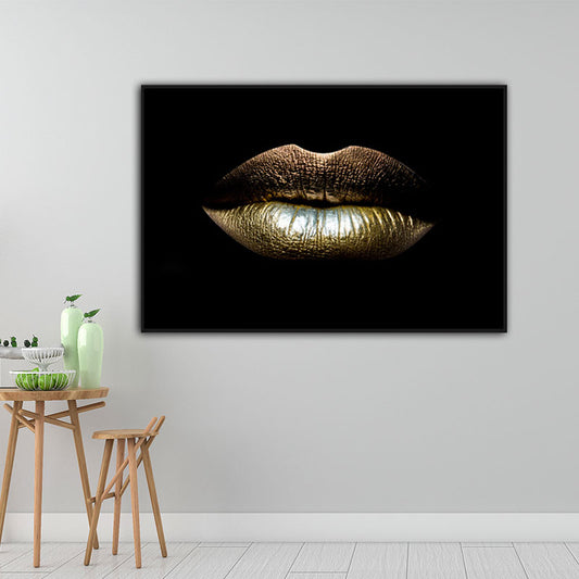 Modern Woman Lip Wall Art Print Gold-Black Textured Surface Canvas for Dining Room Clearhalo 'Art Gallery' 'Canvas Art' 'Contemporary Art Gallery' 'Modern' Arts' 1655080