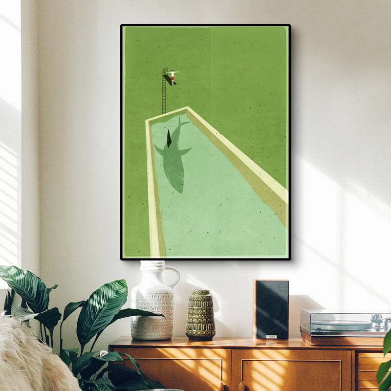 Canvas Textured Painting Scandinavian Diving and Shark Wall Decor in Green for Hallway Clearhalo 'Arts' 'Canvas Art' 1655125