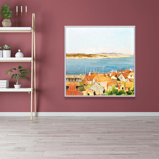 Oil Painting Rustic Canvas Wall Art with Houses on the River Scenery, Yellow-Orange Clearhalo 'Art Gallery' 'Canvas Art' 'Country Art Gallery' 'French Country' 'Rustic' Arts' 1655193