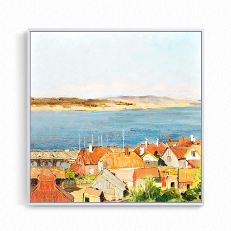 Oil Painting Rustic Canvas Wall Art with Houses on the River Scenery, Yellow-Orange Clearhalo 'Art Gallery' 'Canvas Art' 'Country Art Gallery' 'French Country' 'Rustic' Arts' 1655195