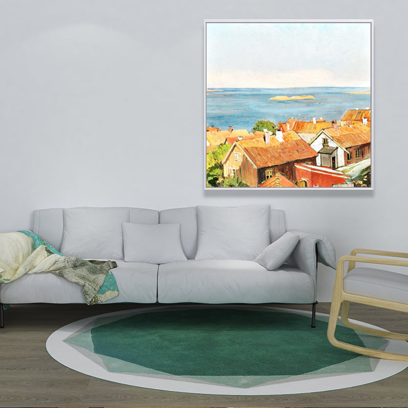 Oil Painting Rustic Canvas Wall Art with Houses on the River Scenery, Yellow-Orange Yellow Design 2 Clearhalo 'Art Gallery' 'Canvas Art' 'Country Art Gallery' 'French Country' 'Rustic' Arts' 1655199