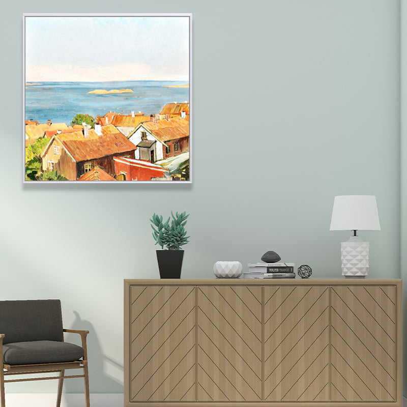 Oil Painting Rustic Canvas Wall Art with Houses on the River Scenery, Yellow-Orange Clearhalo 'Art Gallery' 'Canvas Art' 'Country Art Gallery' 'French Country' 'Rustic' Arts' 1655200