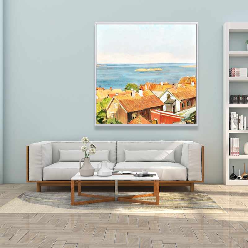 Oil Painting Rustic Canvas Wall Art with Houses on the River Scenery, Yellow-Orange Clearhalo 'Art Gallery' 'Canvas Art' 'Country Art Gallery' 'French Country' 'Rustic' Arts' 1655201