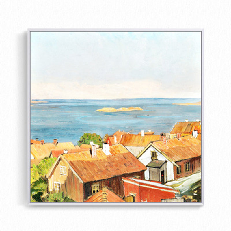 Oil Painting Rustic Canvas Wall Art with Houses on the River Scenery, Yellow-Orange Clearhalo 'Art Gallery' 'Canvas Art' 'Country Art Gallery' 'French Country' 'Rustic' Arts' 1655202