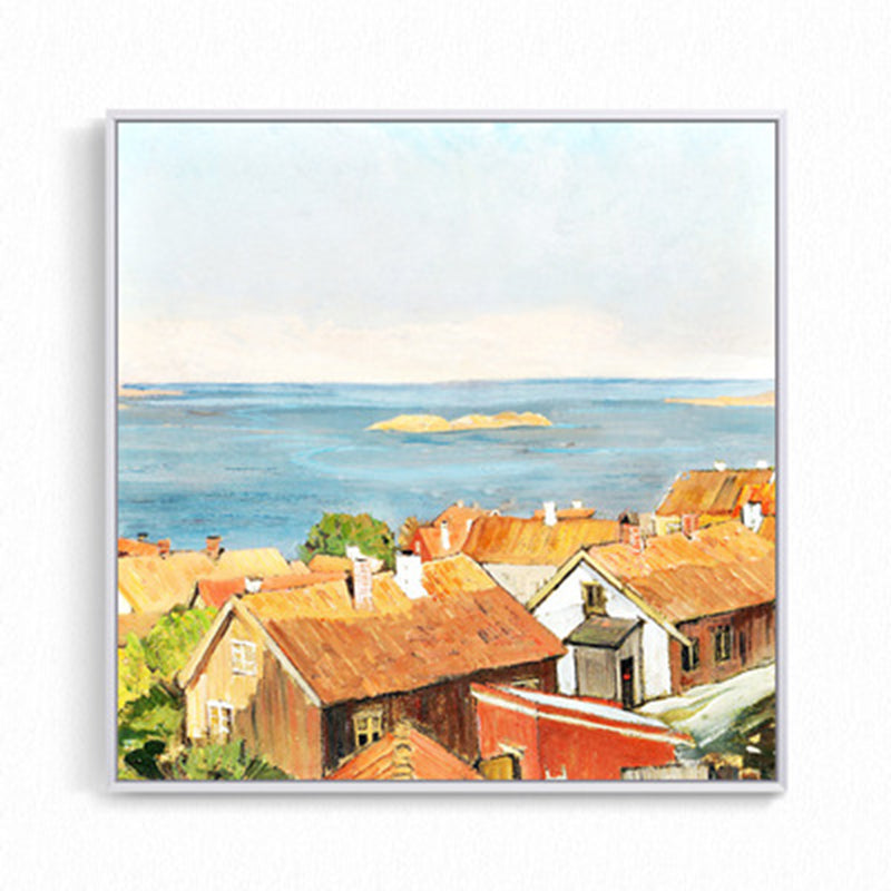 Oil Painting Rustic Canvas Wall Art with Houses on the River Scenery, Yellow-Orange Clearhalo 'Art Gallery' 'Canvas Art' 'Country Art Gallery' 'French Country' 'Rustic' Arts' 1655202