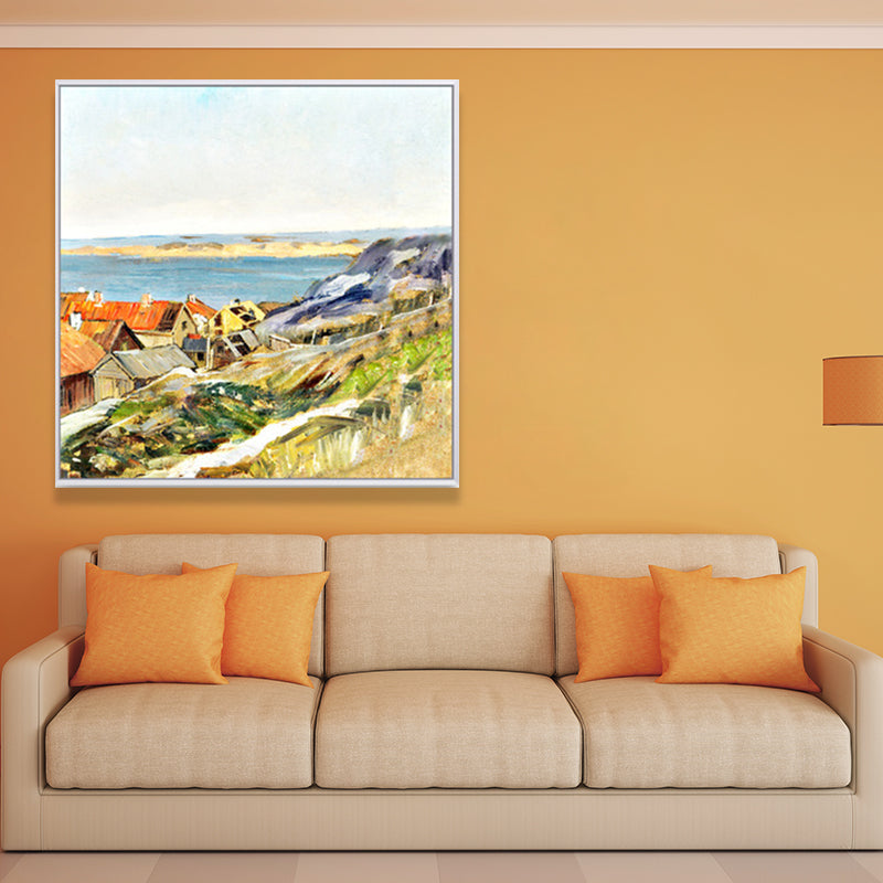 Oil Painting Rustic Canvas Wall Art with Houses on the River Scenery, Yellow-Orange Clearhalo 'Art Gallery' 'Canvas Art' 'Country Art Gallery' 'French Country' 'Rustic' Arts' 1655205