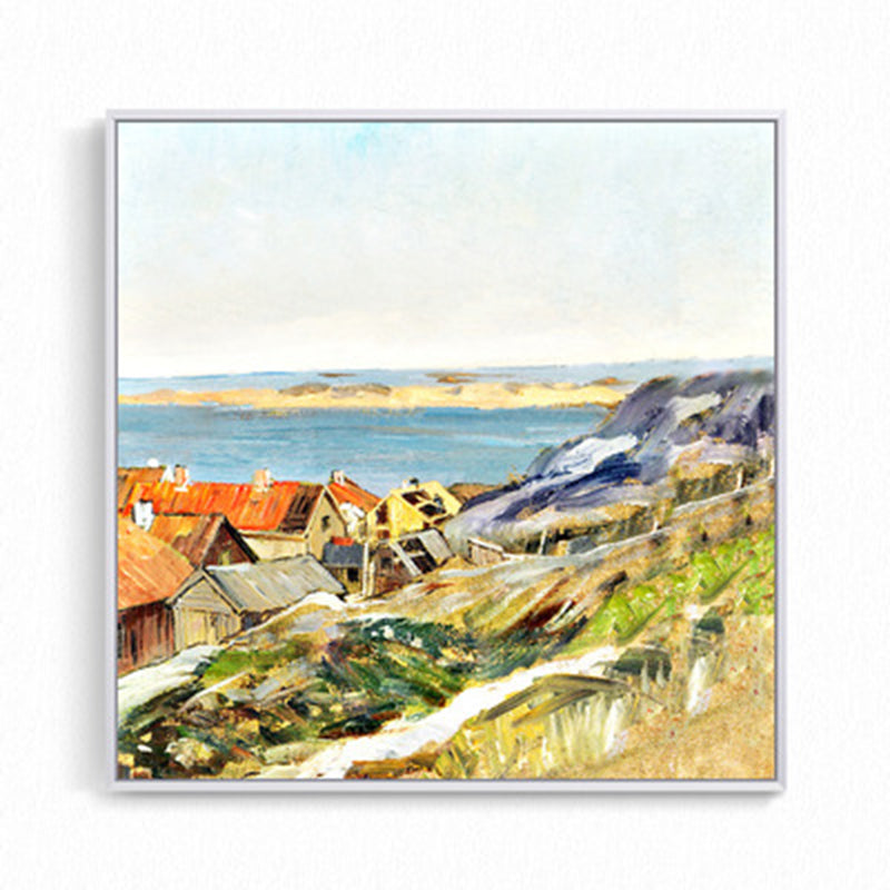 Oil Painting Rustic Canvas Wall Art with Houses on the River Scenery, Yellow-Orange Clearhalo 'Art Gallery' 'Canvas Art' 'Country Art Gallery' 'French Country' 'Rustic' Arts' 1655206