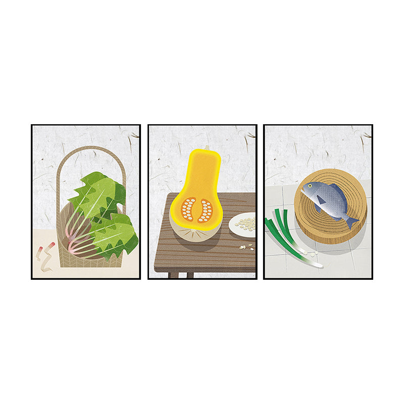 Vegetable and Meat Canvas Print Dining Room Painting Grey Wall Art Set (Multiple Sizes) Clearhalo 'Art Gallery' 'Canvas Art' 'Kids' Arts' 1655299