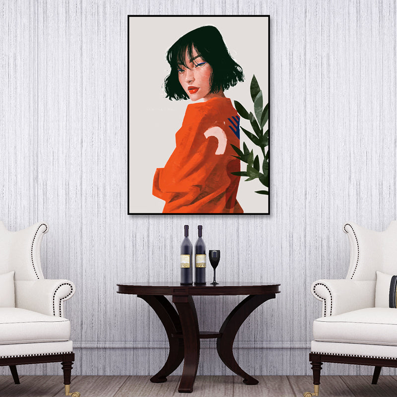 Red Woman and Foliage Canvas Textured Nordic Living Room Wall Art Decor, Multiple Sizes Available Clearhalo 'Arts' 'Canvas Art' 1655327