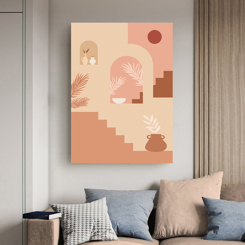 Plant and Building Canvas Living Room Wall Art Decor Soft Color Textured (Multiple Size Options) Pink Clearhalo 'Arts' 'Canvas Art' 1655390