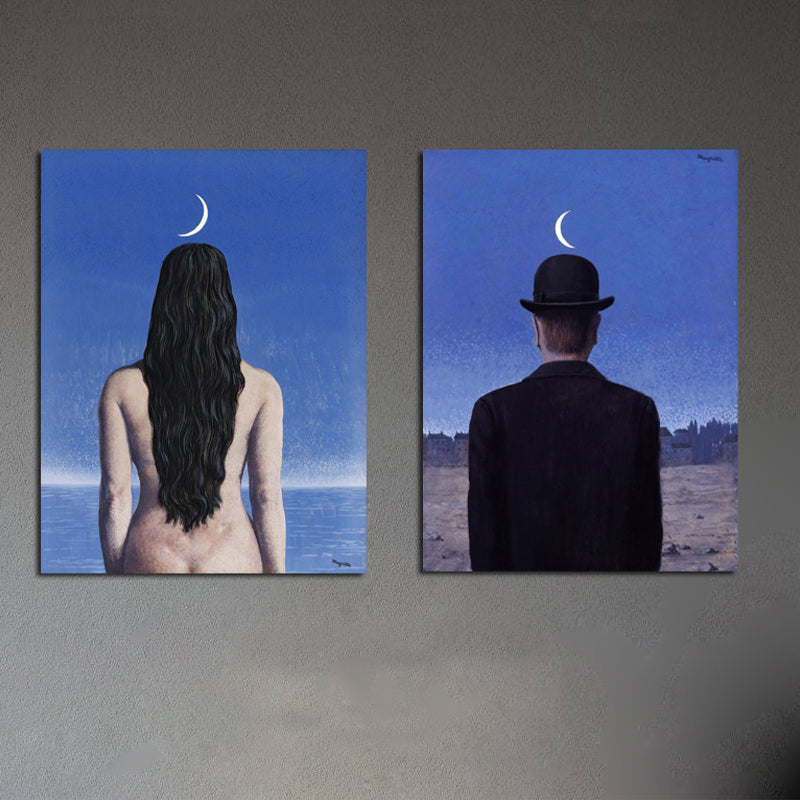 Surrealism Canvas Art Dark Color Magritte Figure Back Painting Wall Decor for Bedroom Yellow Clearhalo 'Art Gallery' 'Canvas Art' 'Contemporary Art Gallery' 'Modern' Arts' 1655520