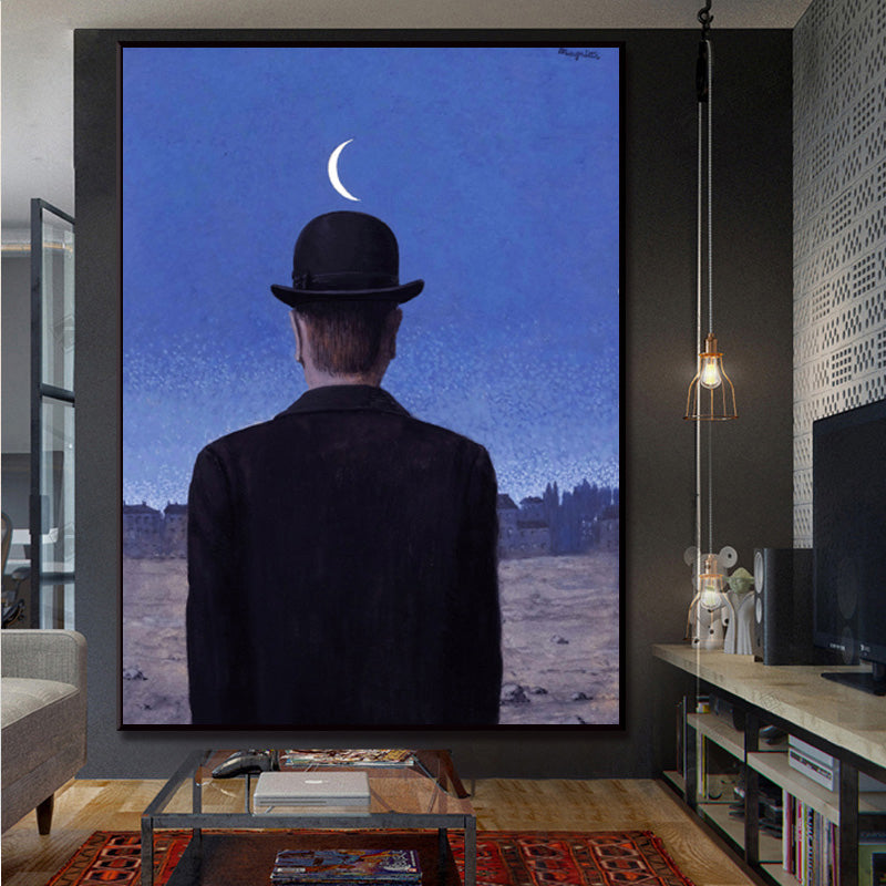 Surrealism Canvas Art Dark Color Magritte Figure Back Painting Wall Decor for Bedroom Clearhalo 'Art Gallery' 'Canvas Art' 'Contemporary Art Gallery' 'Modern' Arts' 1655528