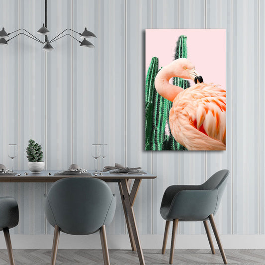 Pink Tropical Canvas Print Flamingo and Cactus Wall Art Decor for House Interior Pink