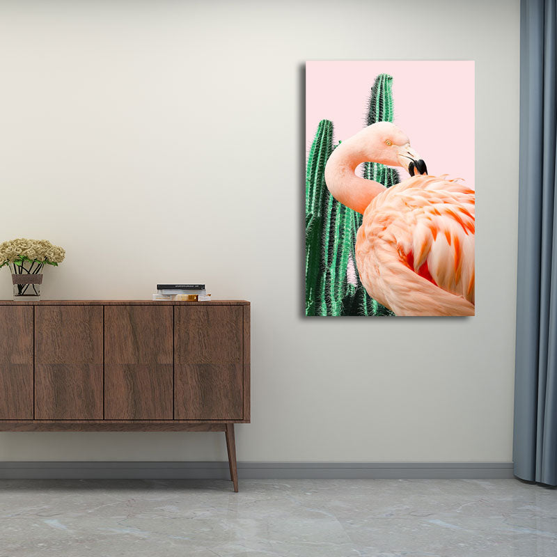 Pink Tropical Canvas Print Flamingo and Cactus Wall Art Decor for House Interior Clearhalo 'Art Gallery' 'Canvas Art' 'Coastal Art Gallery' 'Tropical' Arts' 1655539