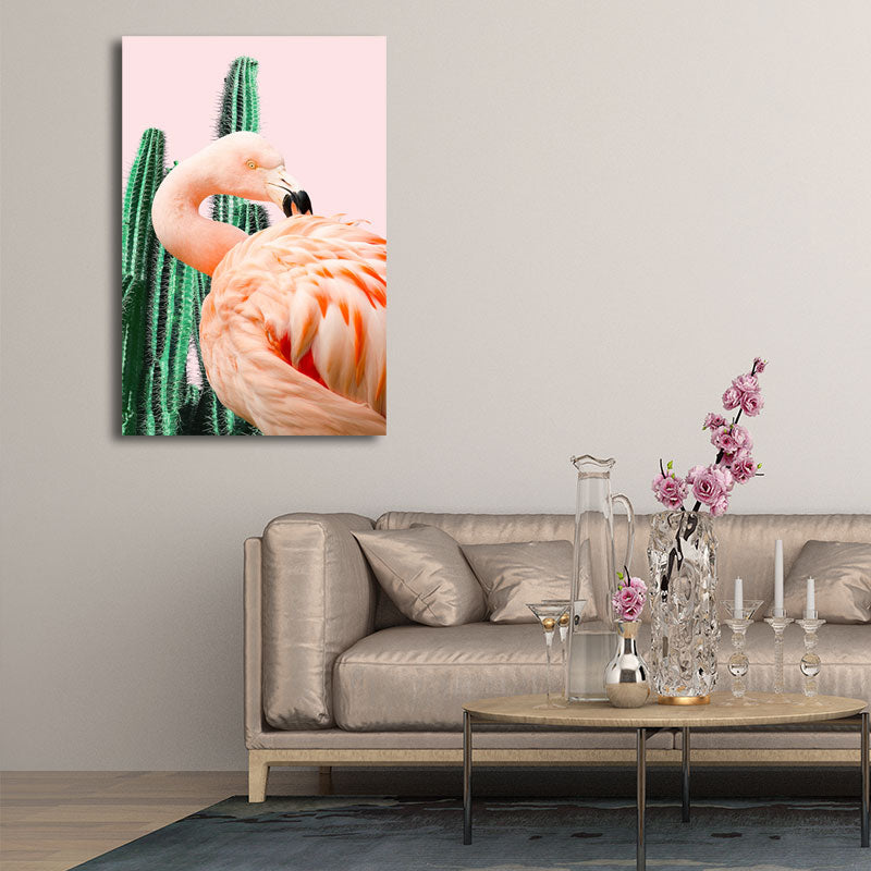 Pink Tropical Canvas Print Flamingo and Cactus Wall Art Decor for House Interior Clearhalo 'Art Gallery' 'Canvas Art' 'Coastal Art Gallery' 'Tropical' Arts' 1655540