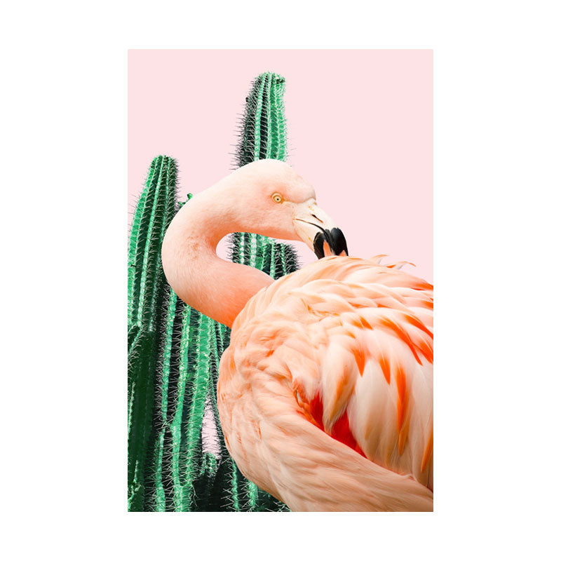 Pink Tropical Canvas Print Flamingo and Cactus Wall Art Decor for House Interior Clearhalo 'Art Gallery' 'Canvas Art' 'Coastal Art Gallery' 'Tropical' Arts' 1655541