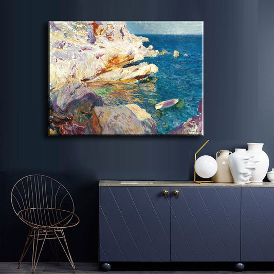 Tropical Ocean Rock Shore Canvas Art Blue-White Textured Painting for Sitting Room Blue Clearhalo 'Art Gallery' 'Canvas Art' 'Coastal Art Gallery' 'Nautical' Arts' 1655618