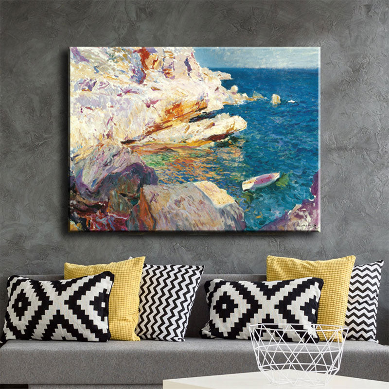 Tropical Ocean Rock Shore Canvas Art Blue-White Textured Painting for Sitting Room Clearhalo 'Art Gallery' 'Canvas Art' 'Coastal Art Gallery' 'Nautical' Arts' 1655619