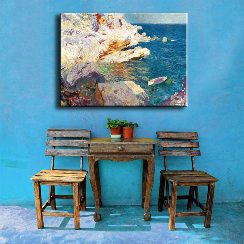 Tropical Ocean Rock Shore Canvas Art Blue-White Textured Painting for Sitting Room Clearhalo 'Art Gallery' 'Canvas Art' 'Coastal Art Gallery' 'Nautical' Arts' 1655620