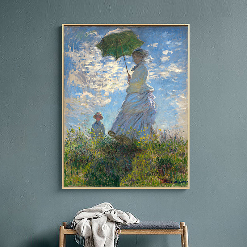Monet Painting Canvas Print for Home Woman with A Parasol Wall Art in Blue, Texture Blue Design 1 Clearhalo 'Art Gallery' 'Canvas Art' 'Traditional' Arts' 1655645