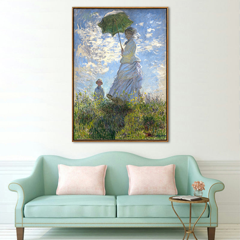 Monet Painting Canvas Print for Home Woman with A Parasol Wall Art in Blue, Texture Clearhalo 'Art Gallery' 'Canvas Art' 'Traditional' Arts' 1655647