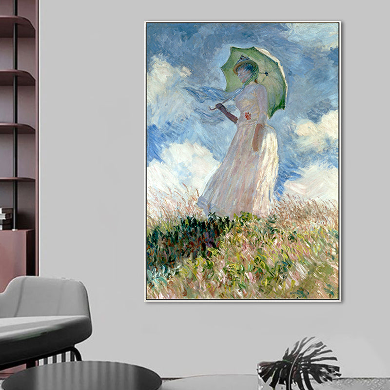Monet Painting Canvas Print for Home Woman with A Parasol Wall Art in Blue, Texture Clearhalo 'Art Gallery' 'Canvas Art' 'Traditional' Arts' 1655660