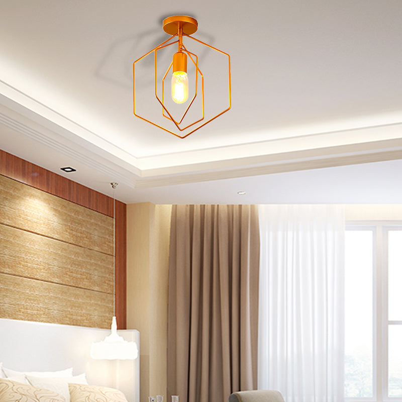 Metal Hexagon Semi Flush Light Retro Loft 1 Light Living Room Semi Flush Pendant Light in Gold Gold Clearhalo 'Ceiling Lights' 'Close To Ceiling Lights' 'Close to ceiling' 'Flush mount' 'Industrial Flush Mount' Lighting' 165576