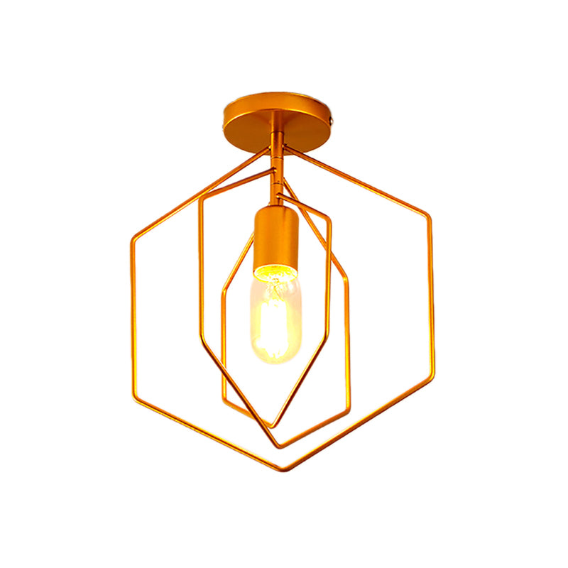 Metal Hexagon Semi Flush Light Retro Loft 1 Light Living Room Semi Flush Pendant Light in Gold Clearhalo 'Ceiling Lights' 'Close To Ceiling Lights' 'Close to ceiling' 'Flush mount' 'Industrial Flush Mount' Lighting' 165578