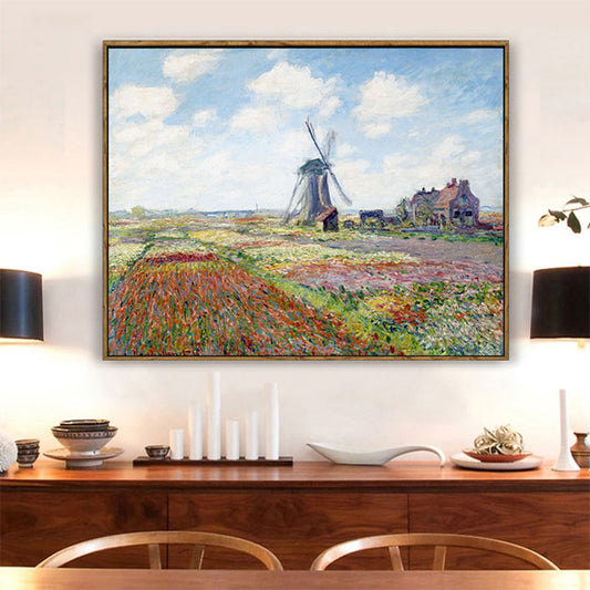 Windmill and Blossom Field Canvas Wall Art Traditional Textured Painting in Blue Blue Clearhalo 'Art Gallery' 'Canvas Art' 'Traditional' Arts' 1655833