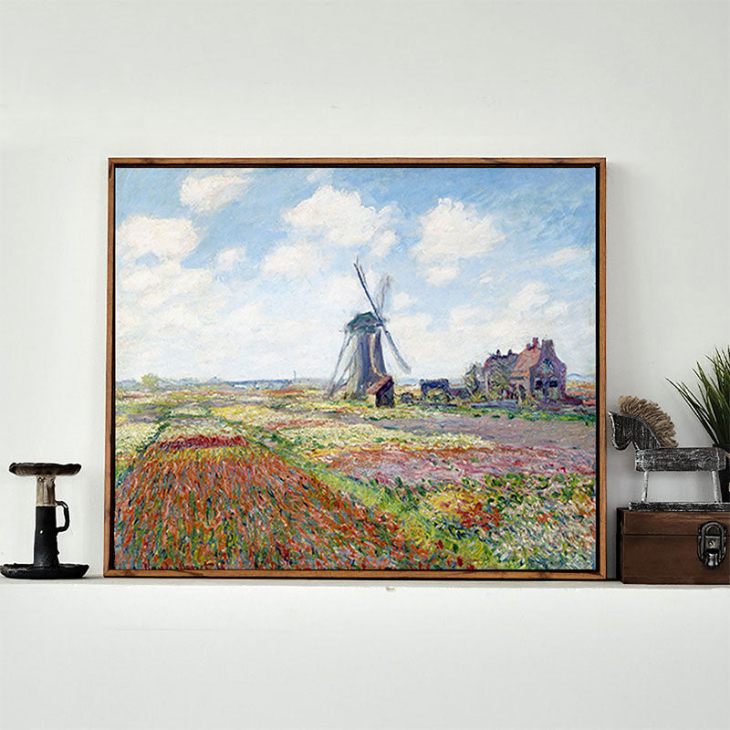 Windmill and Blossom Field Canvas Wall Art Traditional Textured Painting in Blue Clearhalo 'Art Gallery' 'Canvas Art' 'Traditional' Arts' 1655834