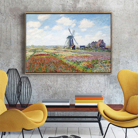 Windmill and Blossom Field Canvas Wall Art Traditional Textured Painting in Blue Clearhalo 'Art Gallery' 'Canvas Art' 'Traditional' Arts' 1655835