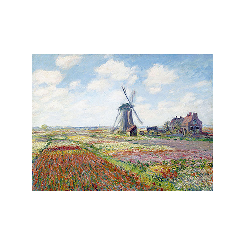 Windmill and Blossom Field Canvas Wall Art Traditional Textured Painting in Blue Clearhalo 'Art Gallery' 'Canvas Art' 'Traditional' Arts' 1655836