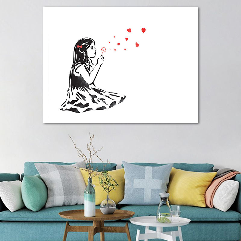 Little Girl Playing Dandelion Canvas in Red Modern Style Wall Art for Bedroom Clearhalo 'Art Gallery' 'Canvas Art' 'Contemporary Art Gallery' 'Modern' Arts' 1655882