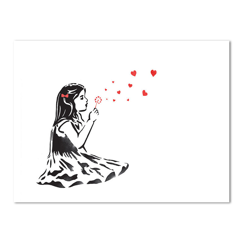 Little Girl Playing Dandelion Canvas in Red Modern Style Wall Art for Bedroom Clearhalo 'Art Gallery' 'Canvas Art' 'Contemporary Art Gallery' 'Modern' Arts' 1655884