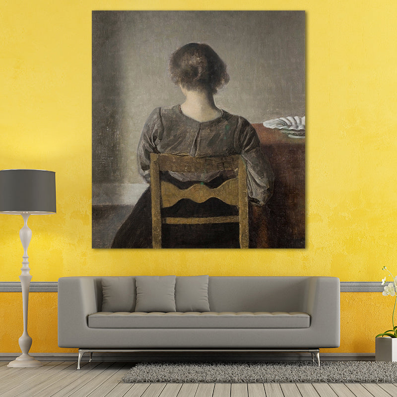 Hammershoi Woman Back Canvas Art Traditional Textured Surface Wall Decor in Dark Color Clearhalo 'Art Gallery' 'Canvas Art' 'Traditional' Arts' 1655892