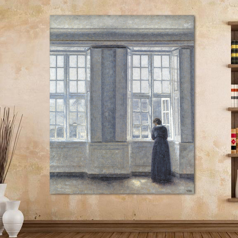 Hammershoi Woman Back Canvas Art Traditional Textured Surface Wall Decor in Dark Color Blue Clearhalo 'Art Gallery' 'Canvas Art' 'Traditional' Arts' 1655899