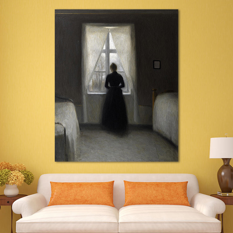 Hammershoi Woman Back Canvas Art Traditional Textured Surface Wall Decor in Dark Color White Clearhalo 'Art Gallery' 'Canvas Art' 'Traditional' Arts' 1655903