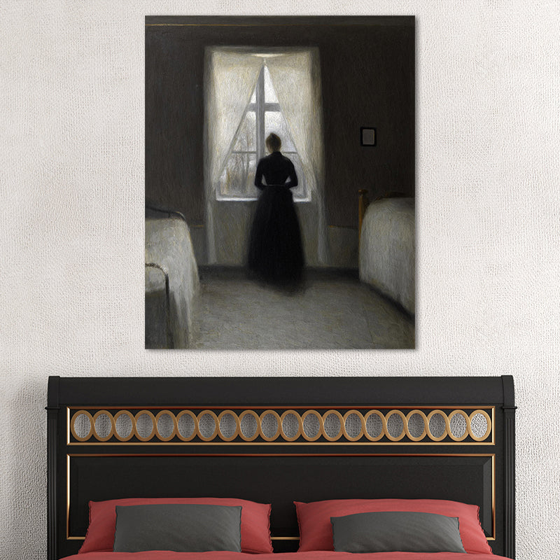 Hammershoi Woman Back Canvas Art Traditional Textured Surface Wall Decor in Dark Color Clearhalo 'Art Gallery' 'Canvas Art' 'Traditional' Arts' 1655904