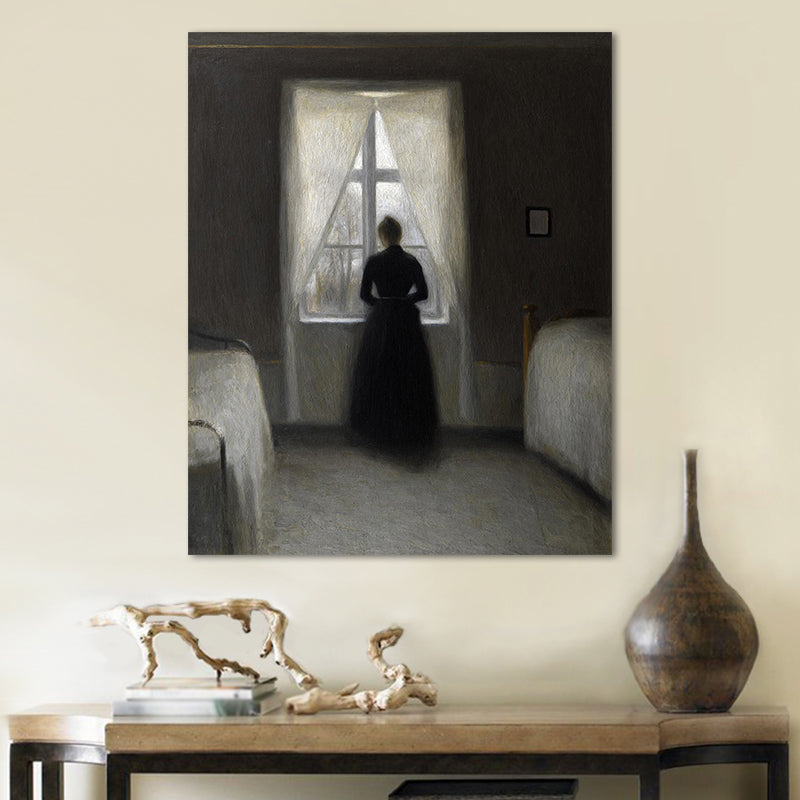 Hammershoi Woman Back Canvas Art Traditional Textured Surface Wall Decor in Dark Color Clearhalo 'Art Gallery' 'Canvas Art' 'Traditional' Arts' 1655905