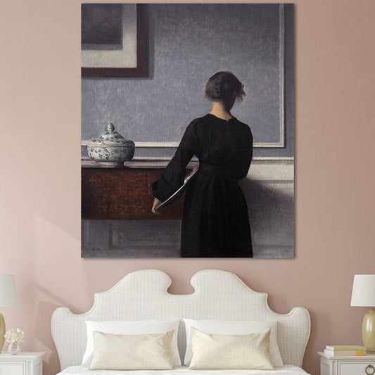 Hammershoi Woman Back Canvas Art Traditional Textured Surface Wall Decor in Dark Color Black Clearhalo 'Art Gallery' 'Canvas Art' 'Traditional' Arts' 1655907