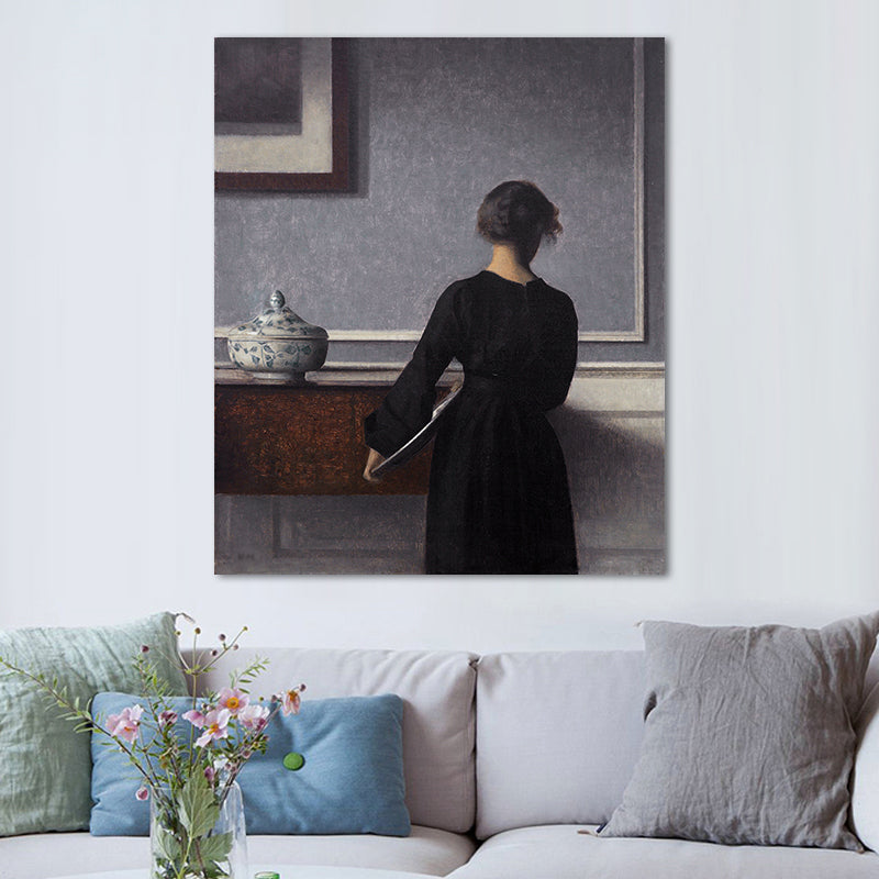 Hammershoi Woman Back Canvas Art Traditional Textured Surface Wall Decor in Dark Color Clearhalo 'Art Gallery' 'Canvas Art' 'Traditional' Arts' 1655908