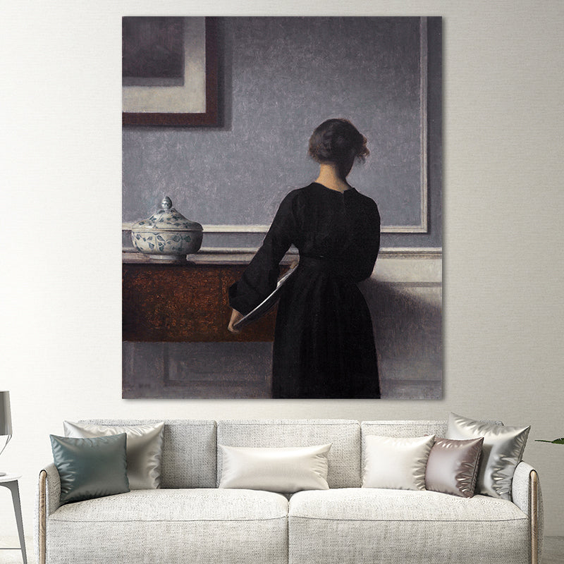Hammershoi Woman Back Canvas Art Traditional Textured Surface Wall Decor in Dark Color Clearhalo 'Art Gallery' 'Canvas Art' 'Traditional' Arts' 1655909