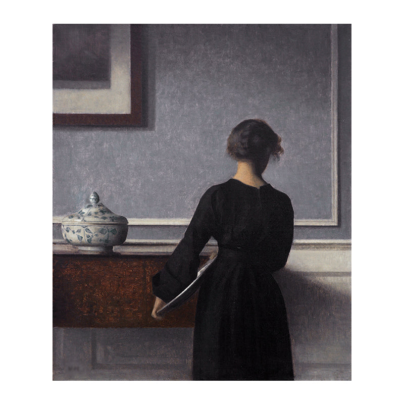 Hammershoi Woman Back Canvas Art Traditional Textured Surface Wall Decor in Dark Color Clearhalo 'Art Gallery' 'Canvas Art' 'Traditional' Arts' 1655910