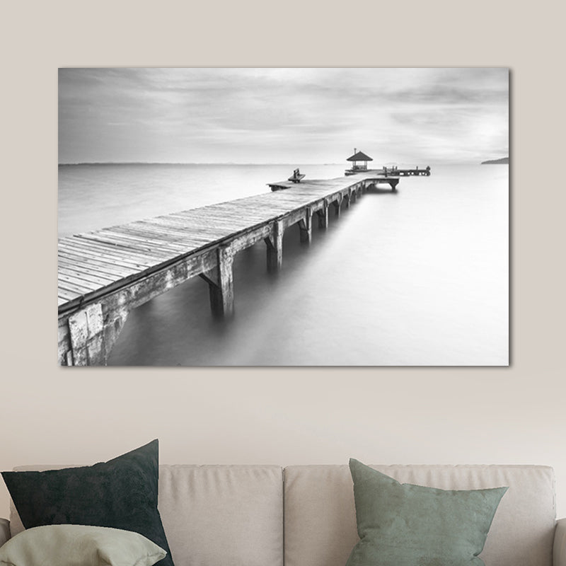 Modern Bridge and Seascape Art Print Light Color Textured Wall Decor for Sitting Room Grey Clearhalo 'Art Gallery' 'Canvas Art' 'Contemporary Art Gallery' 'Modern' Arts' 1655928