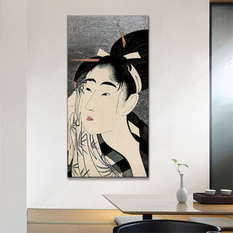 Japanese Ukiyoe-E Woman Painting Canvas Textured Pastel Color Wall Art for Tearoom Black Clearhalo 'Art Gallery' 'Canvas Art' 'Traditional' Arts' 1656010