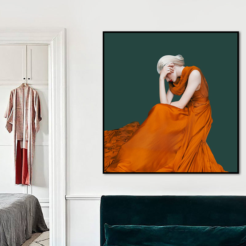 Contemporary Lady Square Canvas Print Dark Color Decorative Wall Art for Living Room Yellow Clearhalo 'Art Gallery' 'Canvas Art' 'Contemporary Art Gallery' 'Modern' Arts' 1656097