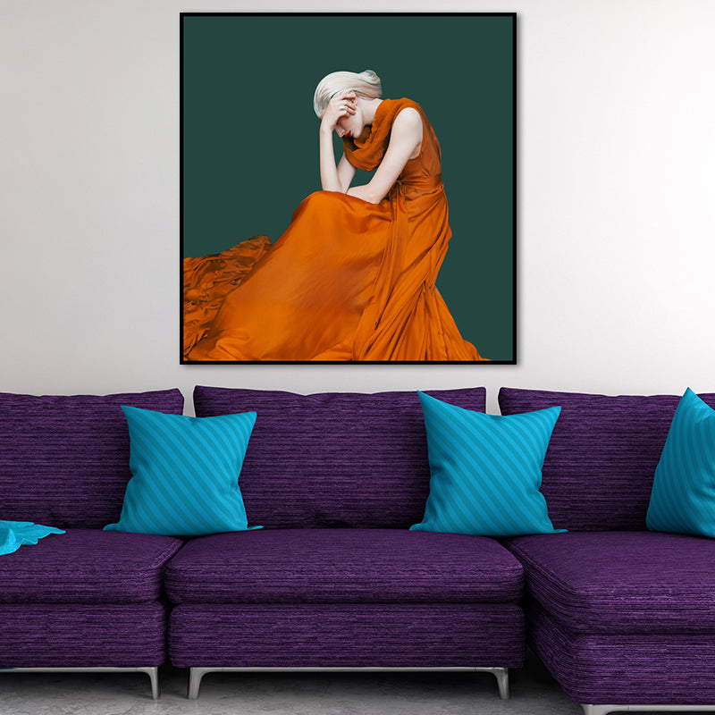 Contemporary Lady Square Canvas Print Dark Color Decorative Wall Art for Living Room Clearhalo 'Art Gallery' 'Canvas Art' 'Contemporary Art Gallery' 'Modern' Arts' 1656098