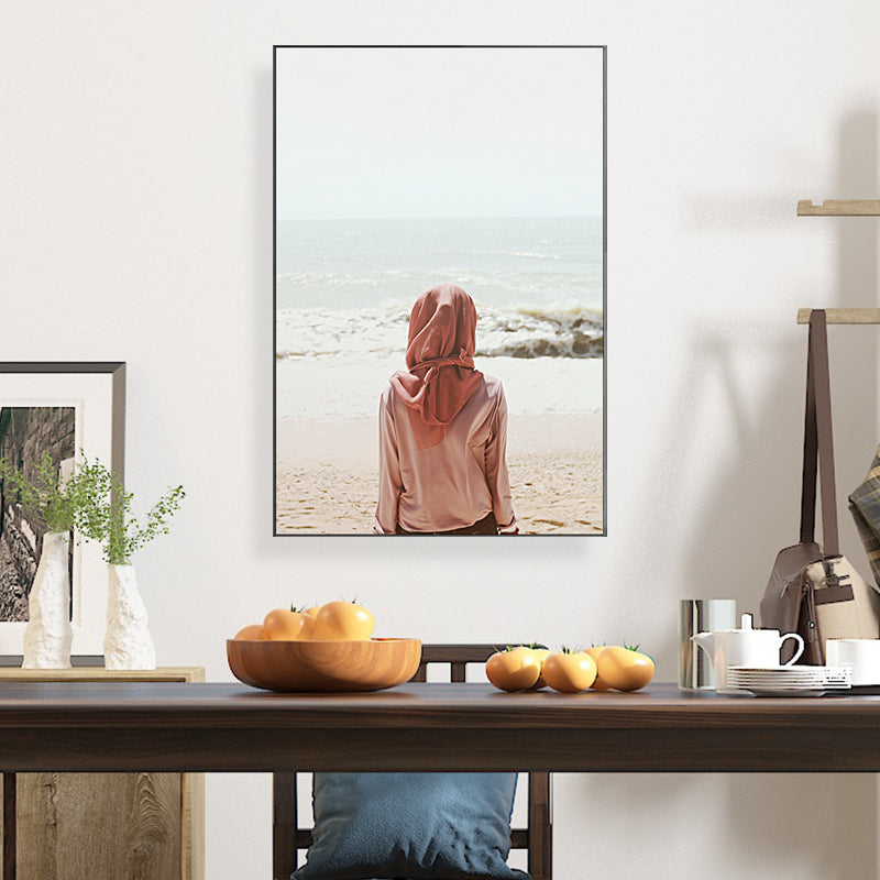 Tropics Beach Wall Art Decor Red Girl Looking at the Sea Alone Canvas Print for Room Red Clearhalo 'Art Gallery' 'Canvas Art' 'Coastal Art Gallery' 'Nautical' Arts' 1656202